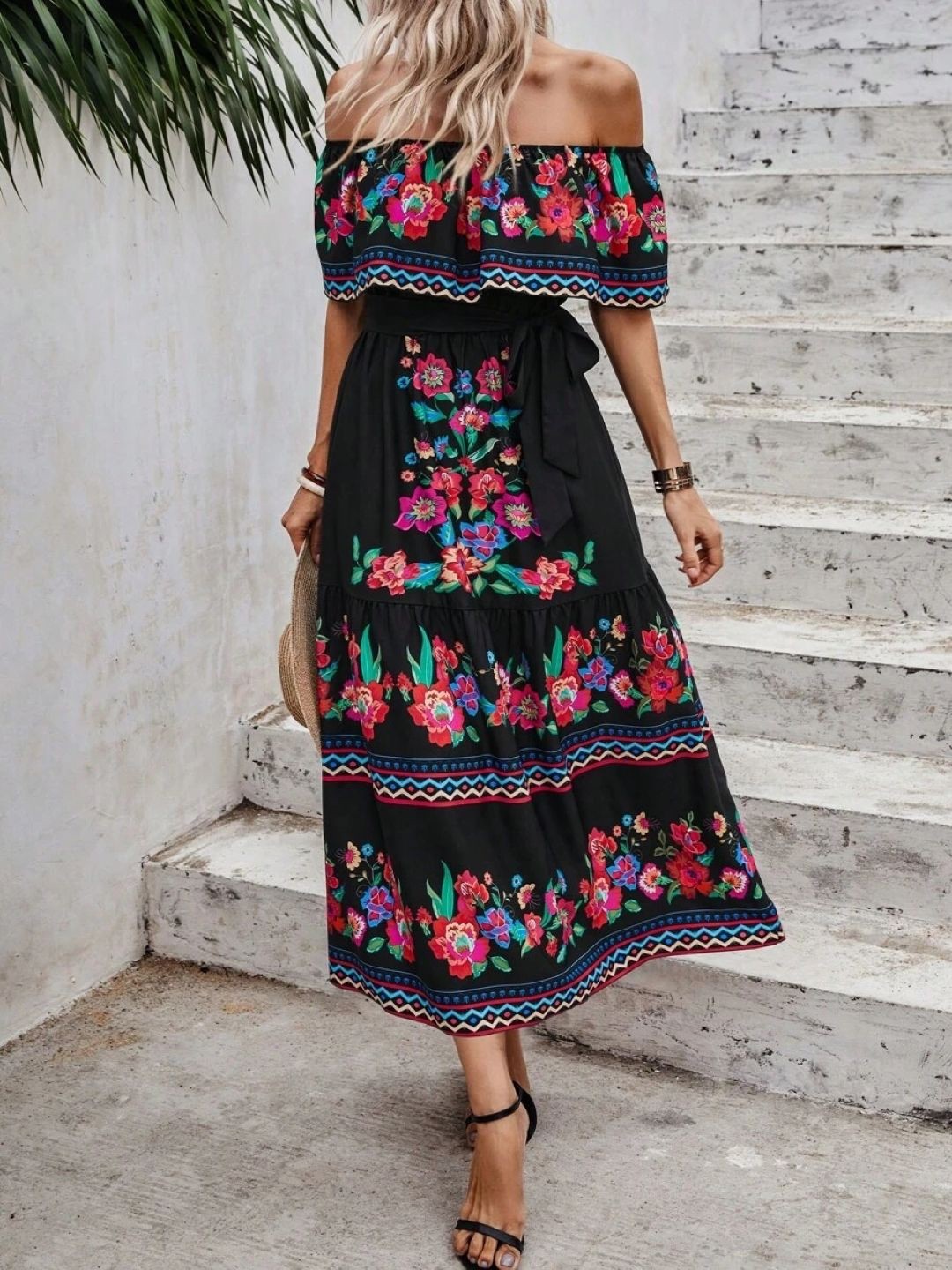 

KPOP Womens Floral PrintedOff-Shoulder A-Line Maxi Dress, Black