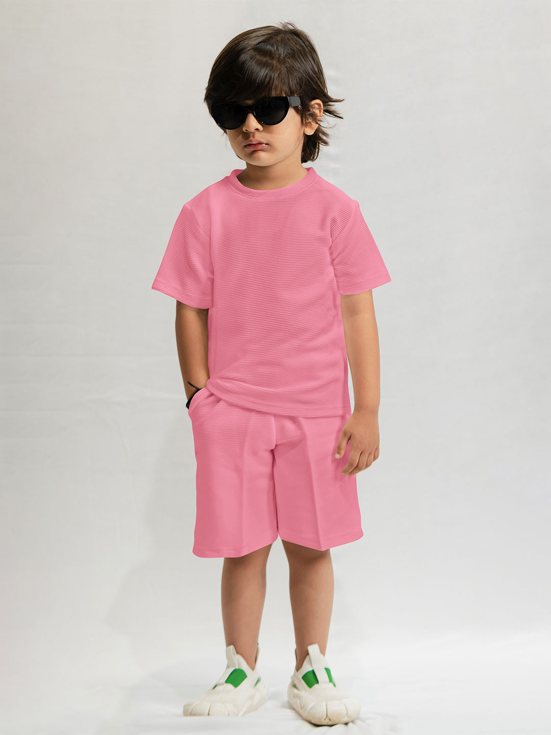 

Emblica Unisex Kids Striped Round Neck Short Sleeves Casual T-shirt With Shorts, Pink