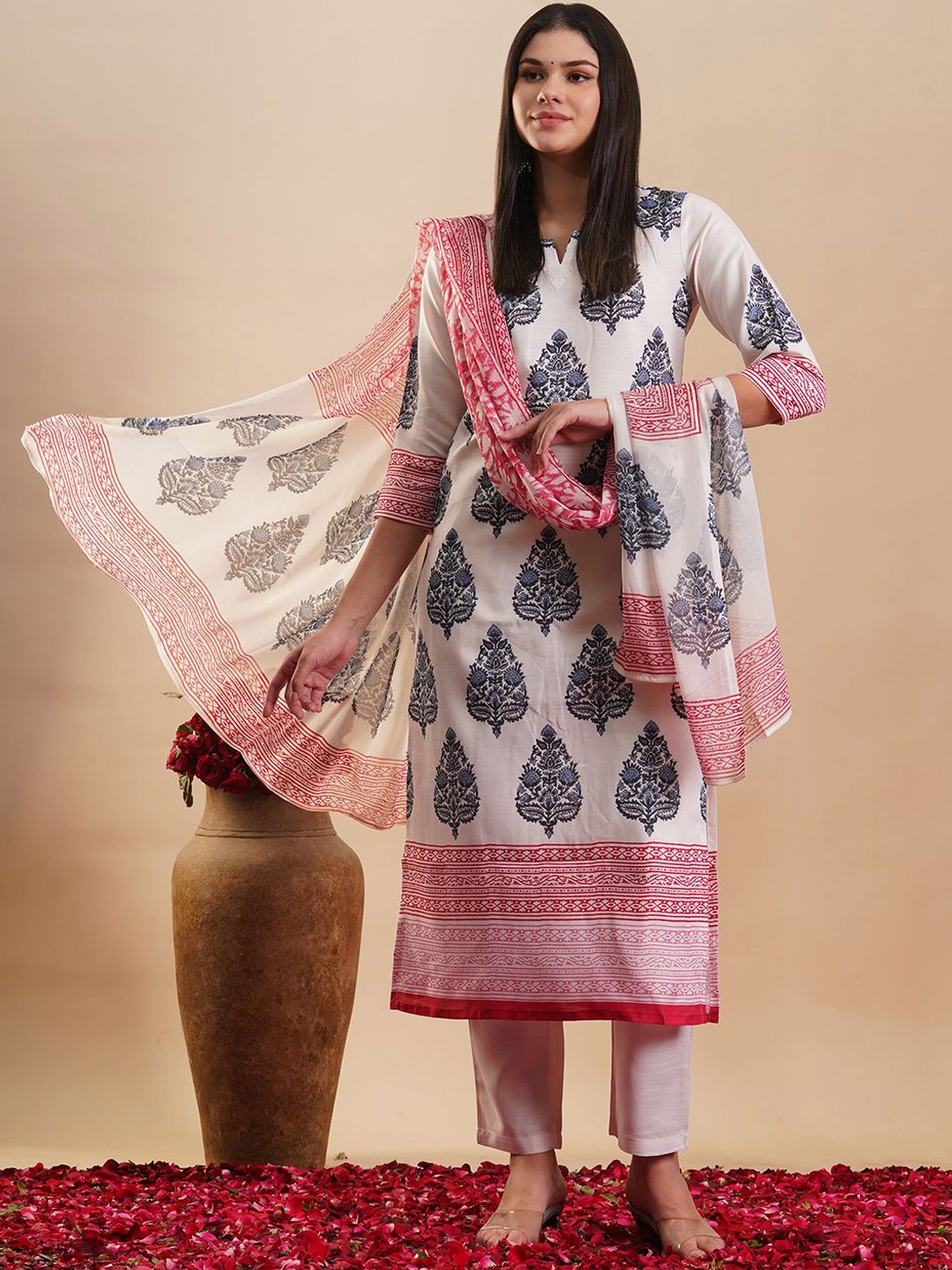 

KALINI Ethnic Motifs Printed Regular Straight Kurta with Trousers & Dupatta, White