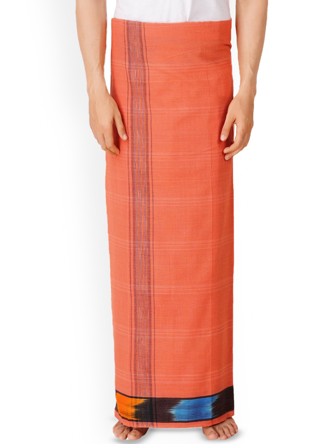 

ETHAZH Men's Cotton Dhoti with contrast Border, Orange