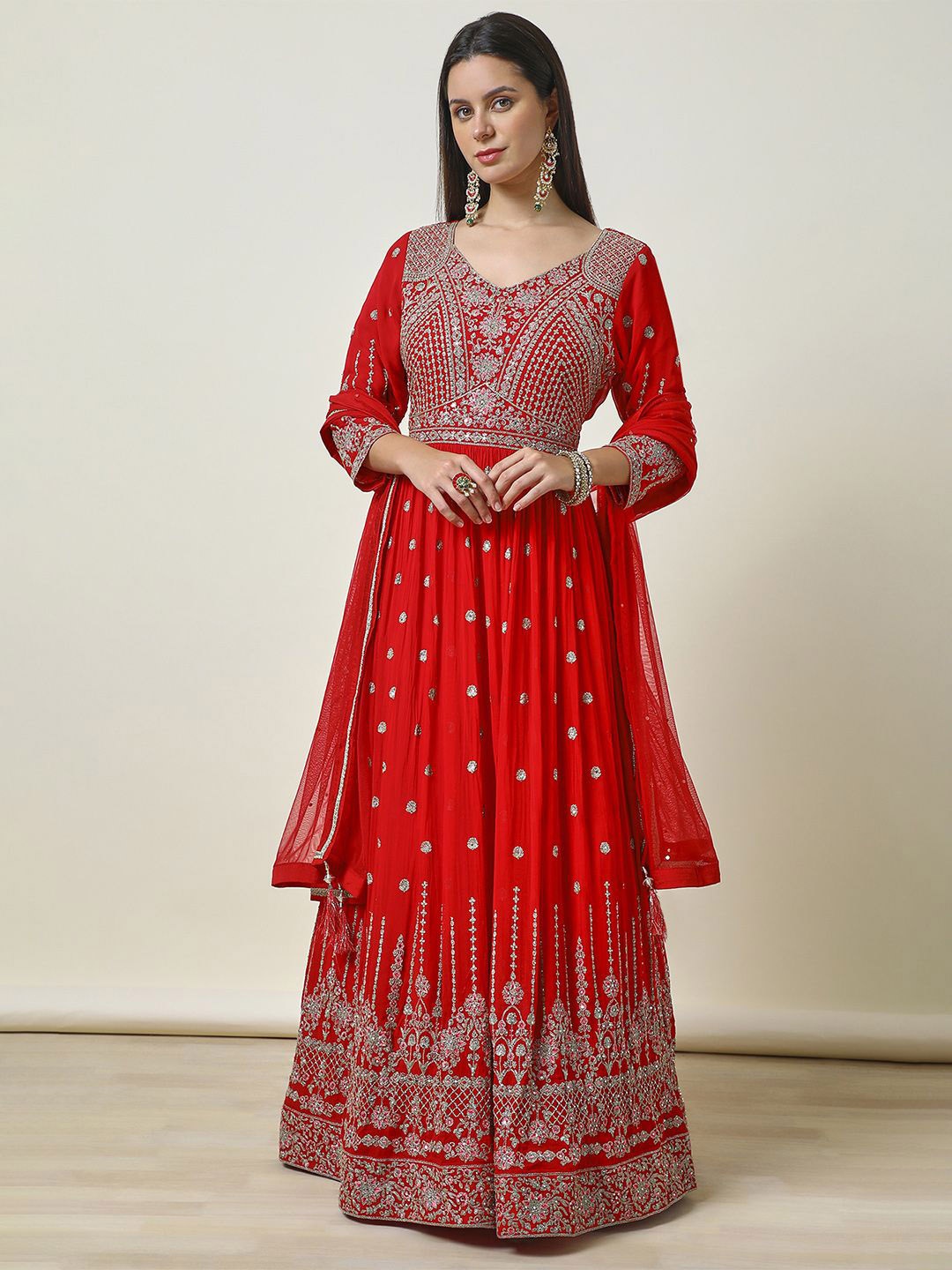 

Soch Floral Embroidered Pleated Beads and Stones Anarkali Kurta with Churidar & Dupatta, Red