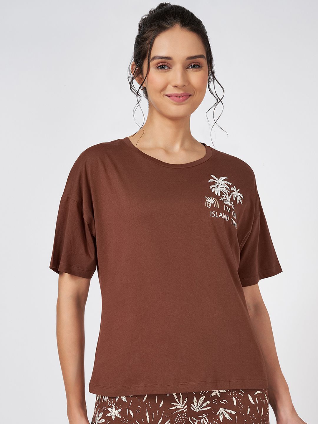 

Dreamz by Pantaloons Printed Cotton Lounge T-Shirt, Brown