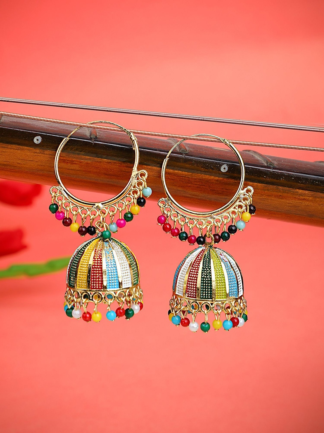 

ANIKAS CREATION Gold-Plated Beaded Meenakari Dome Shaped Jhumkas