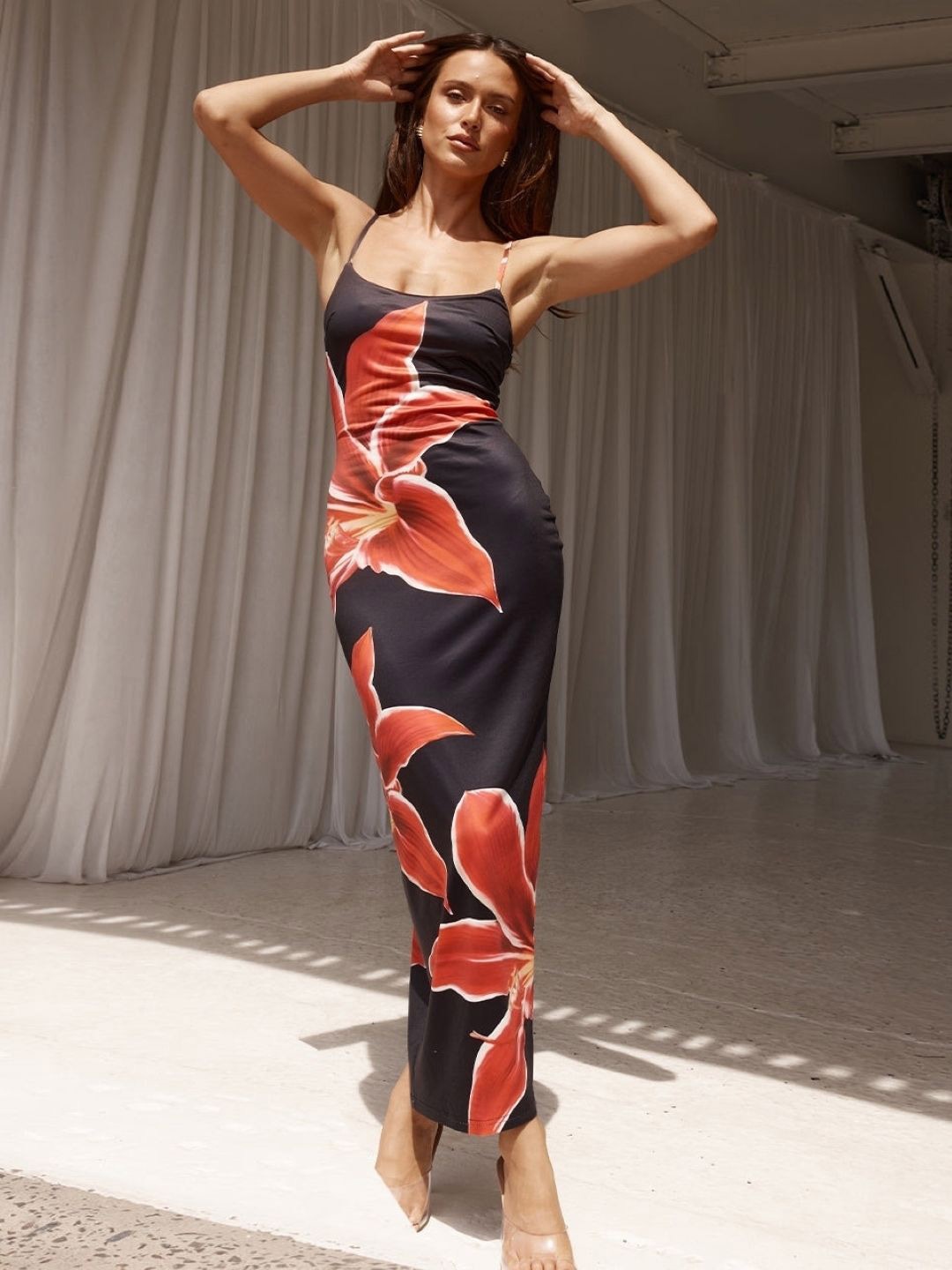 

KPOP Floral Printed Bodycon Maxi Dress, Black