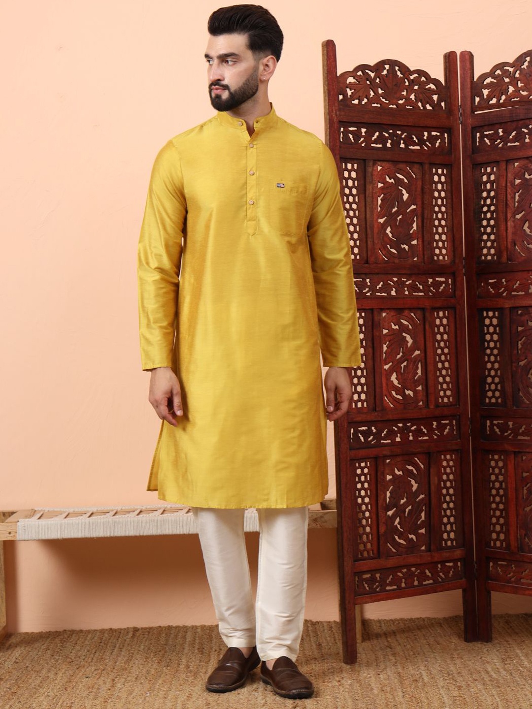 

Latest Chikan Garments Band Collar Dupion Silk Straight Kurta With Churidar, Yellow