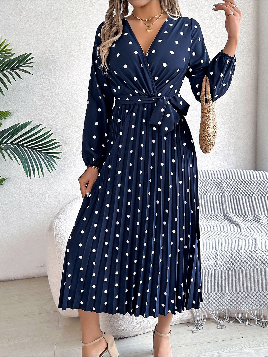 

HERE&NOW Polka Dot Midi Wrap Dress, Navy blue