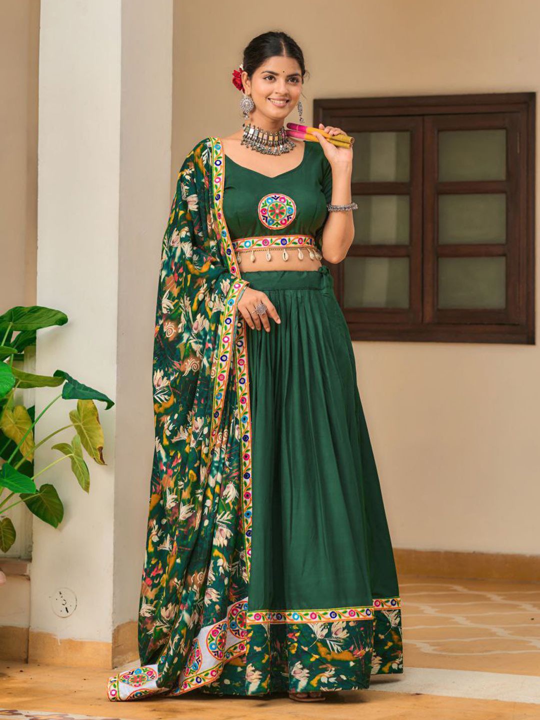 

ZIBLON Embroidered Patchwork Ready to Wear Lehenga & Blouse With Dupatta, Green