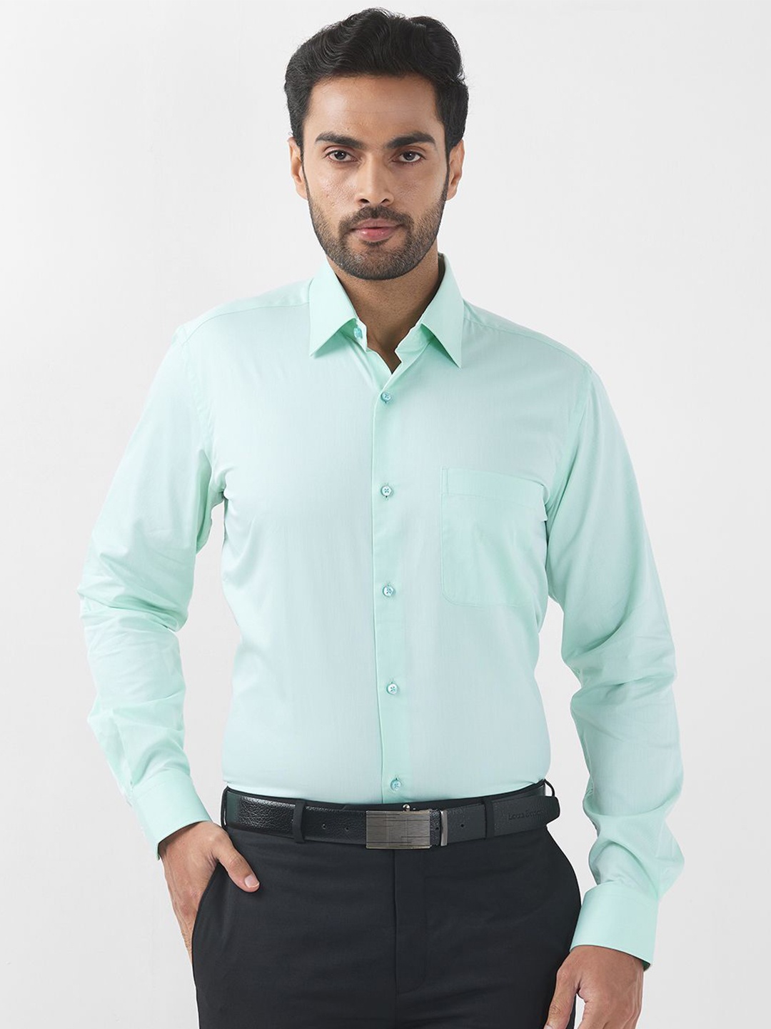 

Raymond Men Contemporary Spread Collar Solid Cotton Formal Shirt, Green