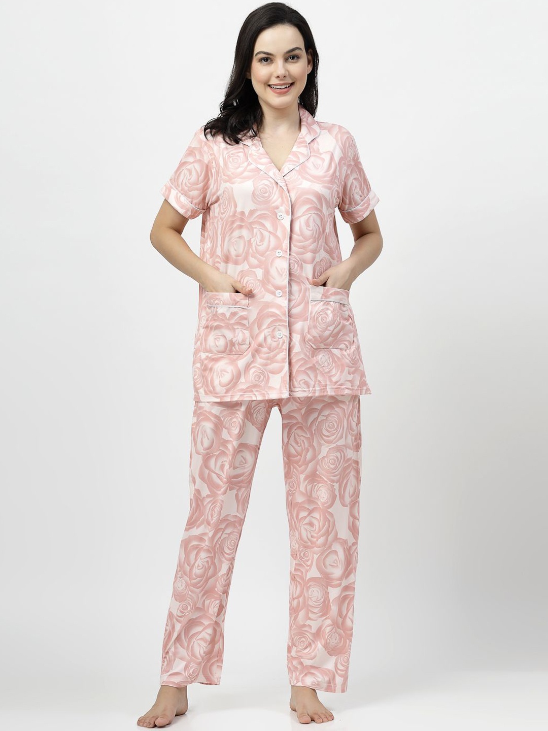 

SHYAM SONS FLAIR Women Floral Printed Lapel Collar Night suit, Pink
