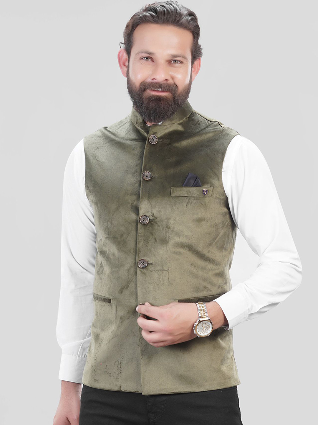 

LA'SCOOT Velvet Mandarin Collar Nehru Jacket, Olive