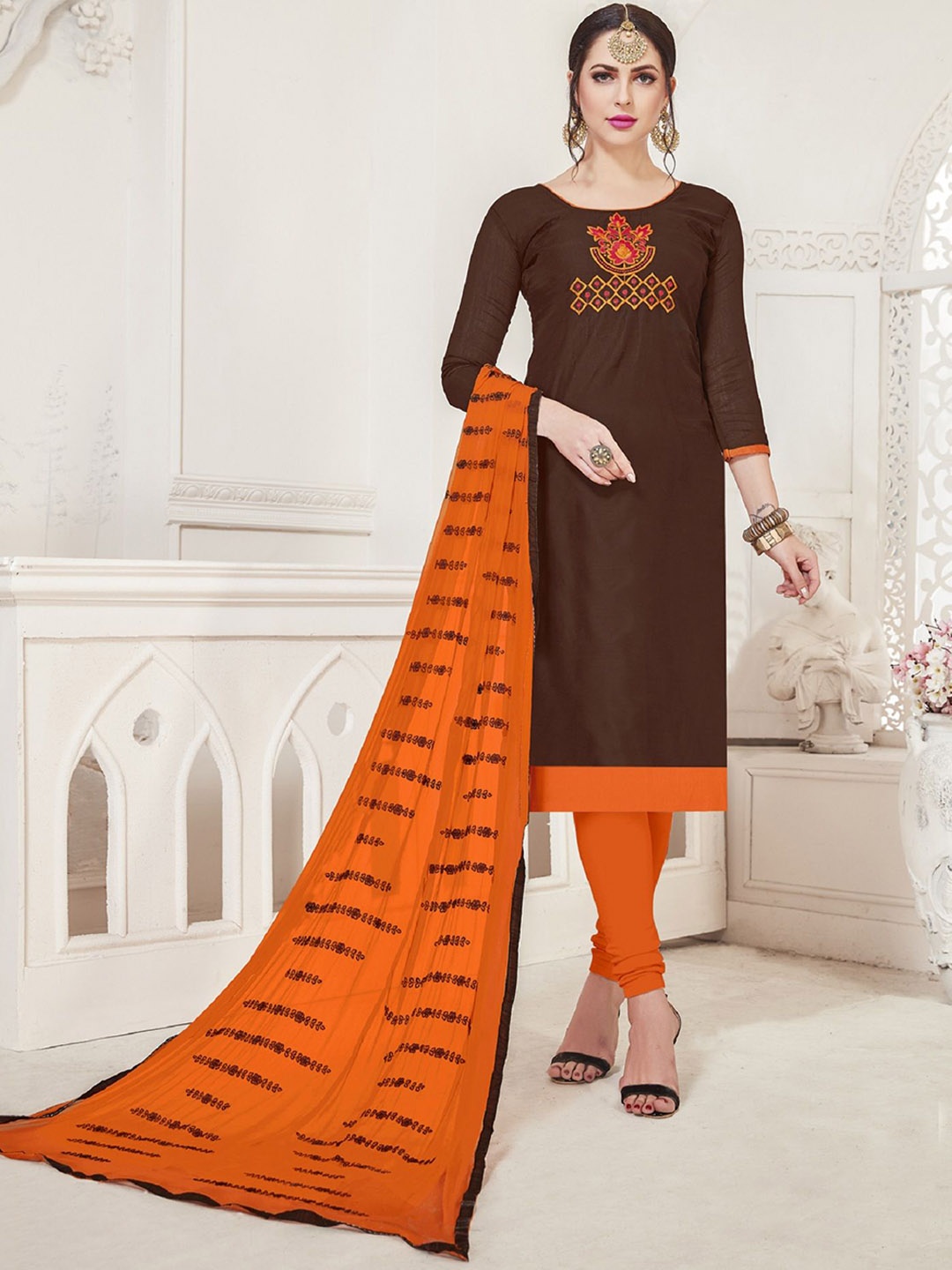 

LADY SHOPI Floral Embroidered Thread Work Chanderi Unstitched Dress Material, Brown