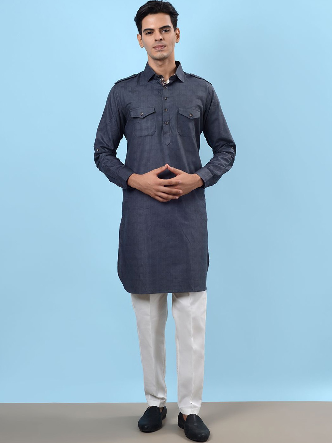 

azania Geometric Woven Design Mandarin Collar Pathani Kurta, Grey