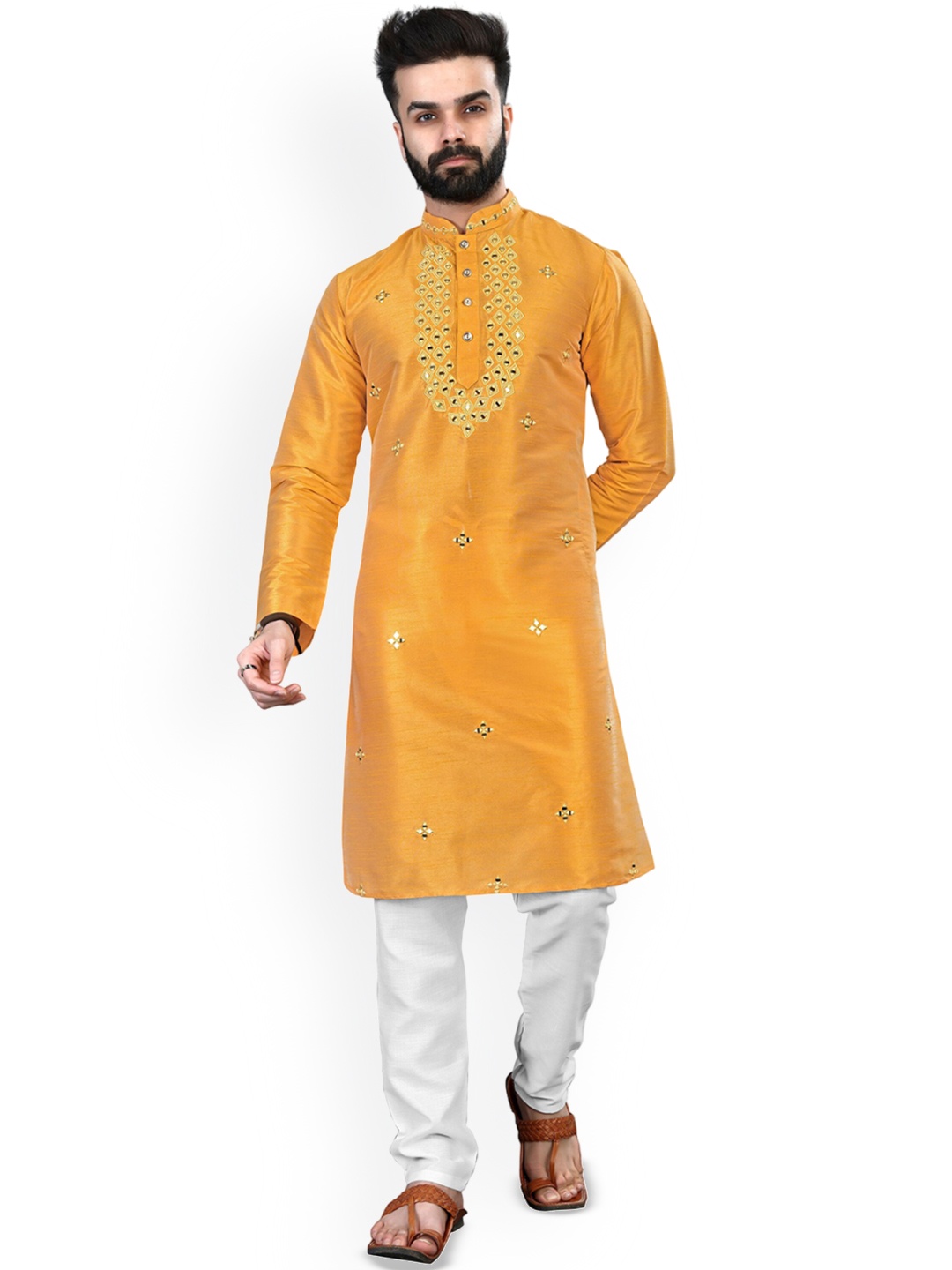 

CHARLOTTE GRACIOUS Floral Embroidered Cotton Silk Mirror Work Straight Kurta, Yellow