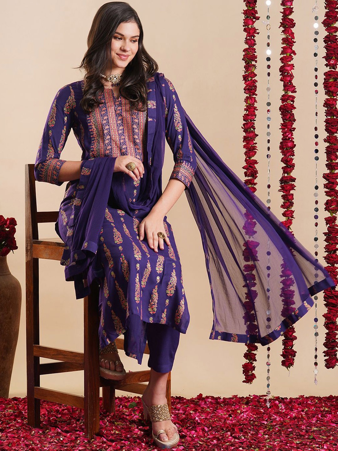 

KALINI Floral Printed Regular Straight Kurta with Trousers & Dupatta, Purple