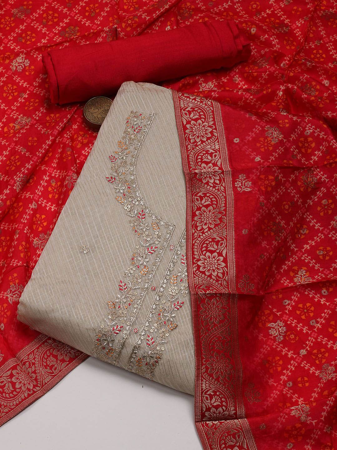 

Meena Bazaar Floral Embroidered Sequinned Detail Unstitched Dress Material, Beige