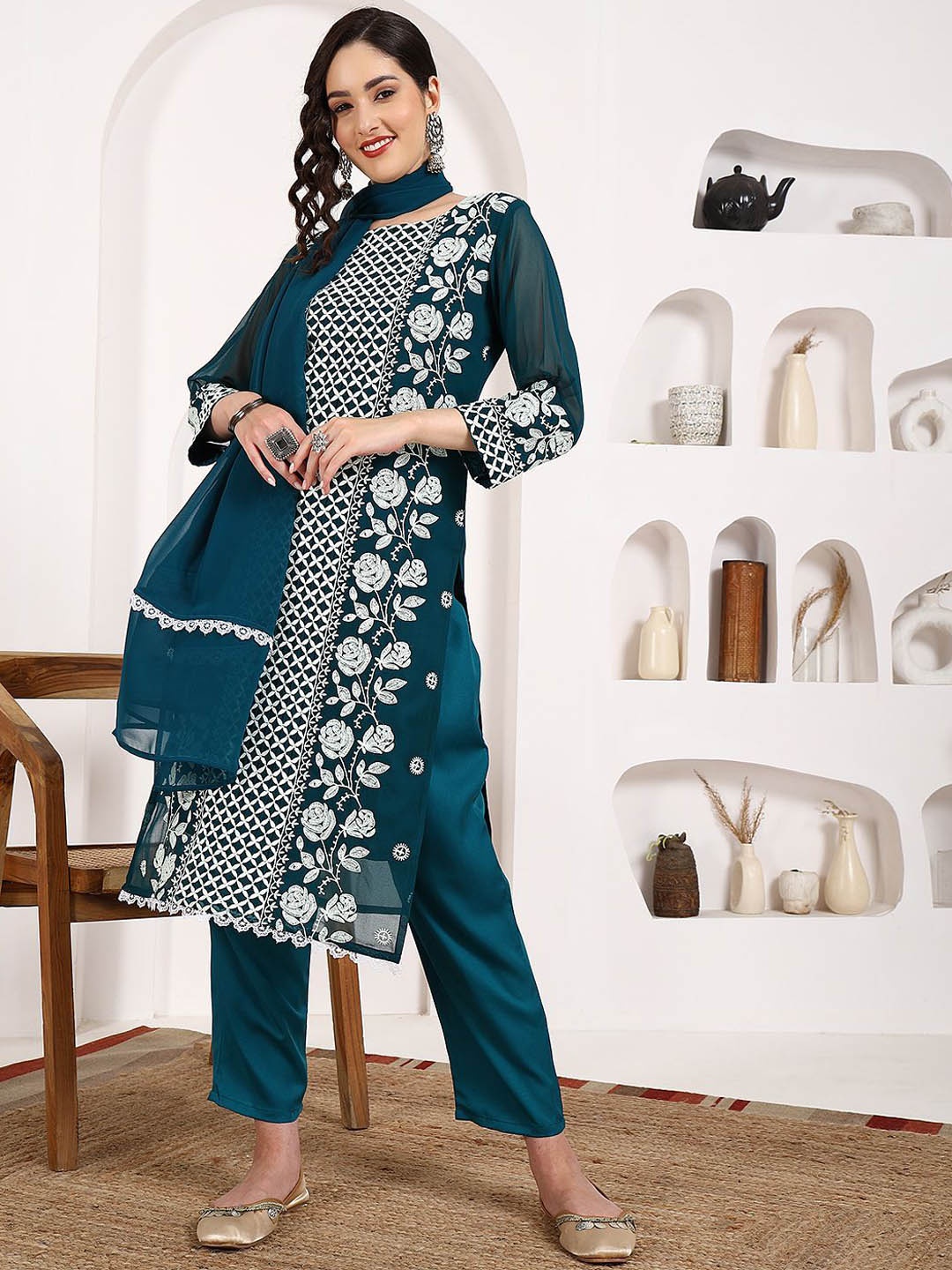 

KALINI Floral Embroidered Chikankari Georgette Straight Kurta With Trousers & Dupatta, Teal