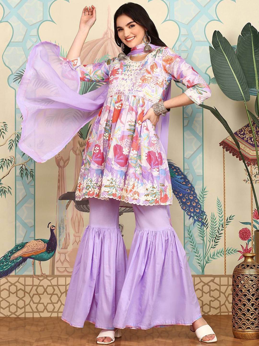 

Ishin Floral Printed Pleated Pure Cotton A-Line Kurta with Sharara & Dupatta, Lavender