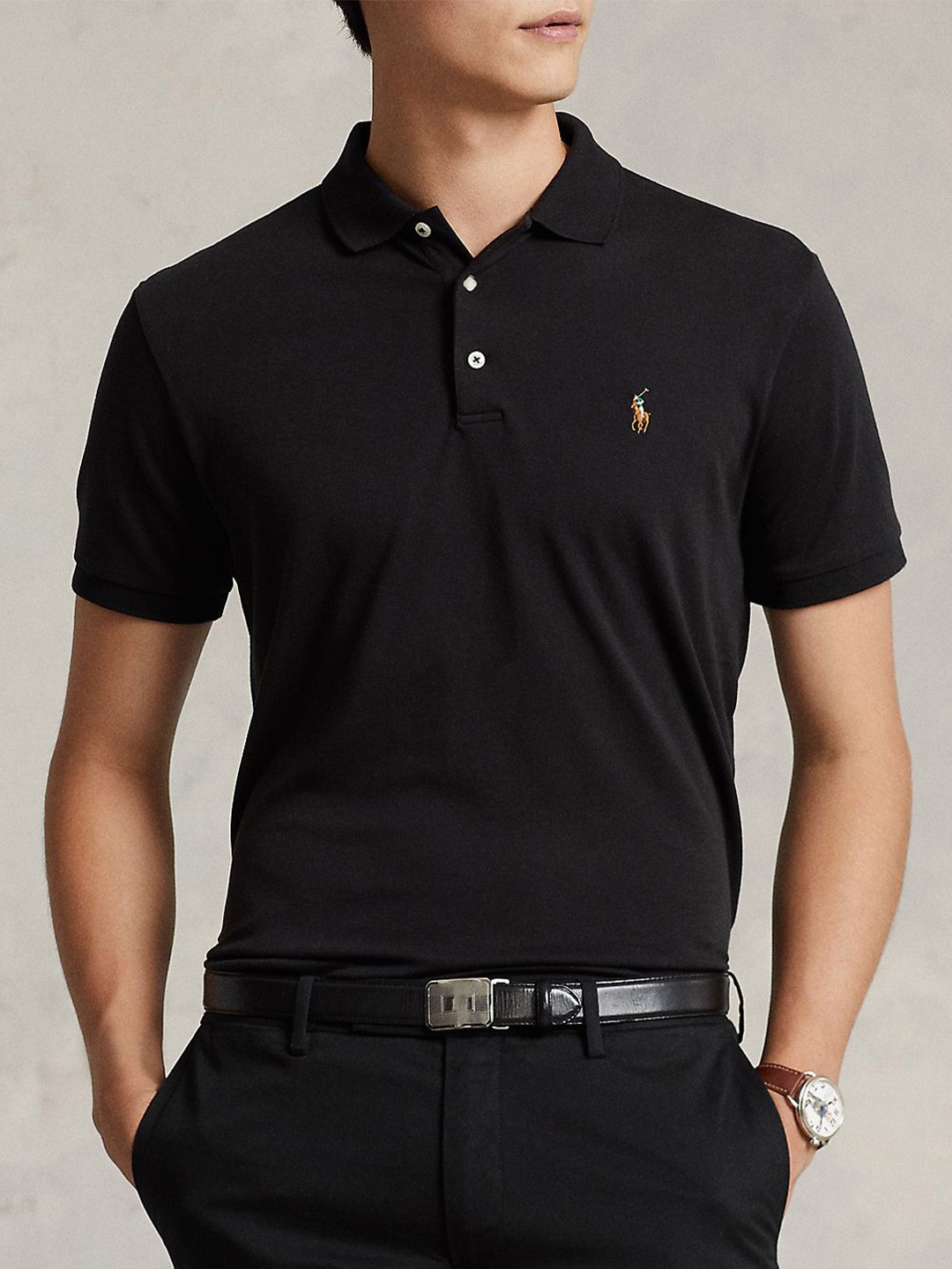 

Polo Ralph Lauren Men Solid Polo Collar Cotton Slim Fit T-shirt, Black