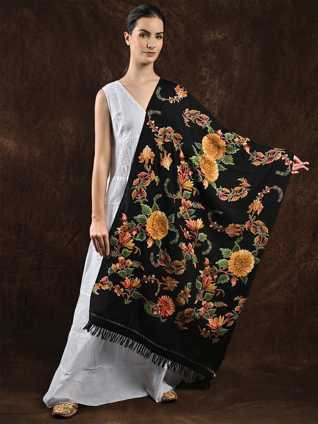 

Exotic India Pirate Black Pure Wool Floral Aari Hand Embroidered Kashmiri Stole