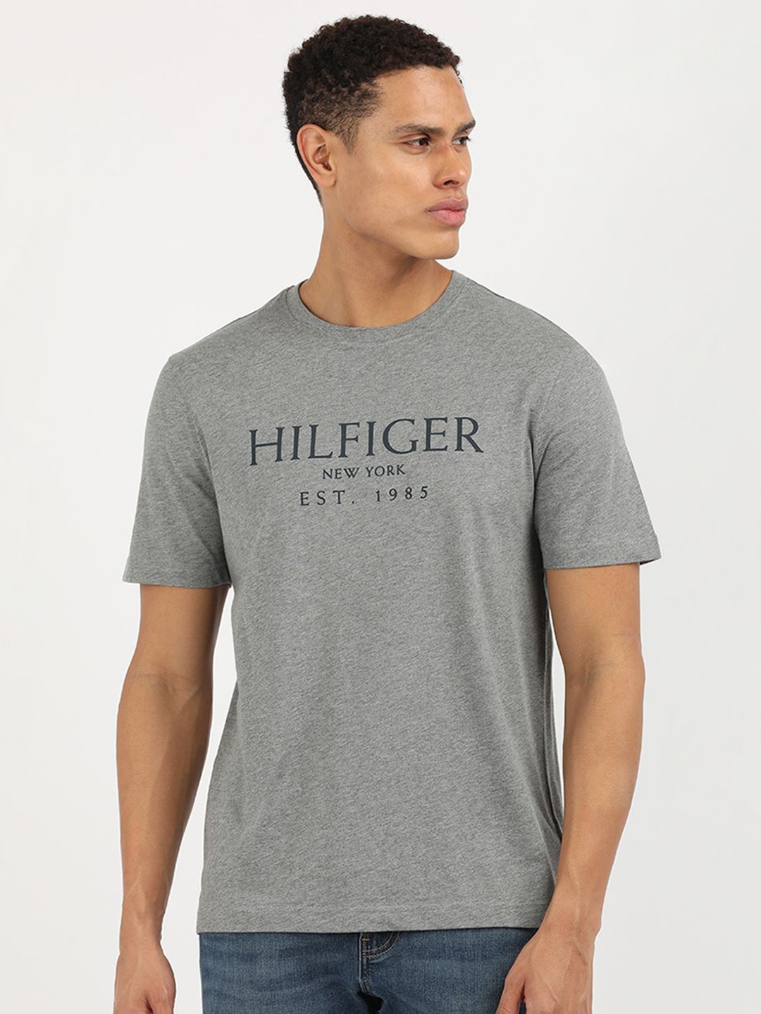 

Tommy Hilfiger Men Typography Printed Round Neck Cotton T-shirt, Grey