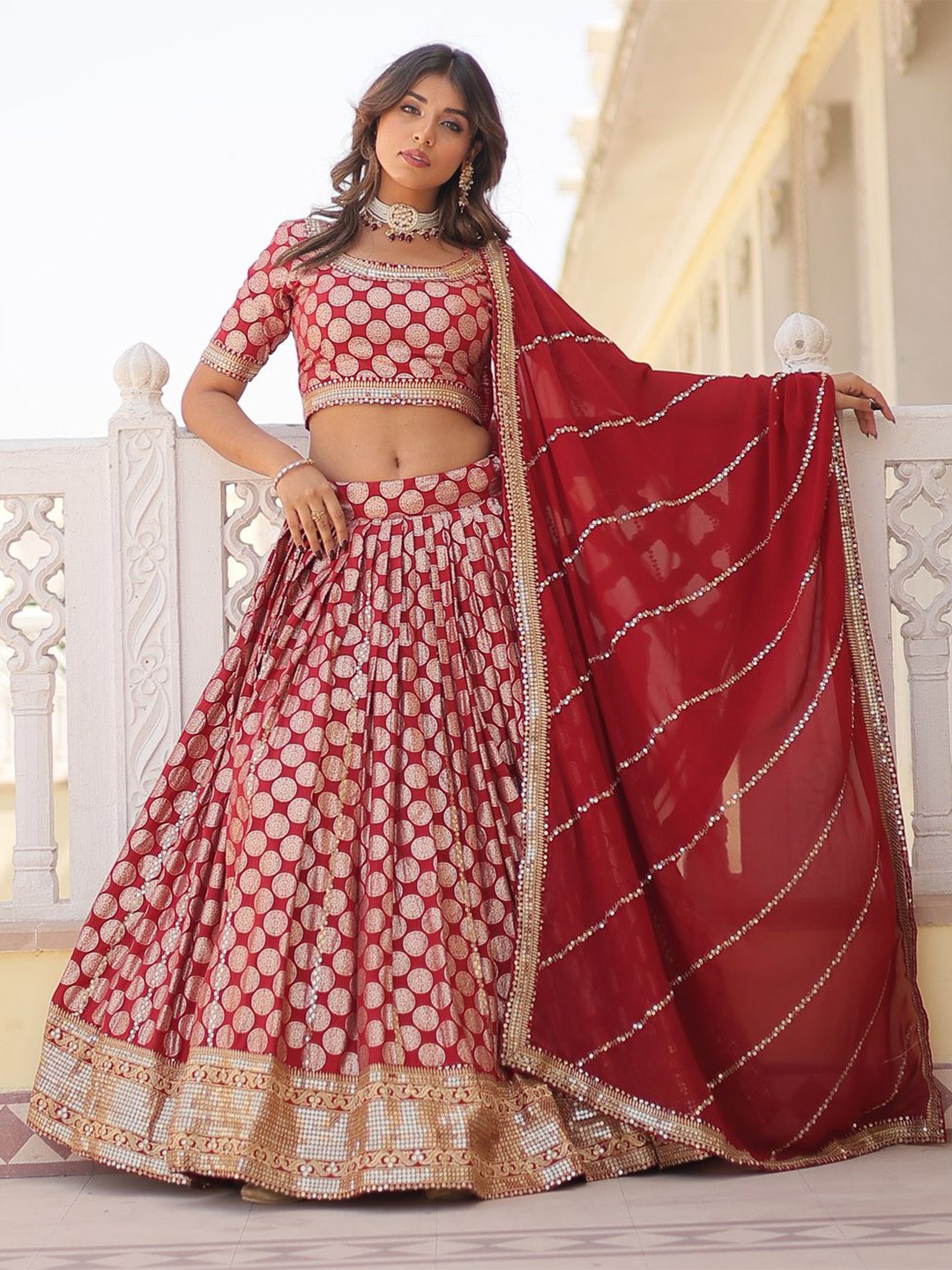 

KALINI Embroidered Sequinned Ready to Wear Lehenga & Unstitched Blouse With Dupatta, Maroon