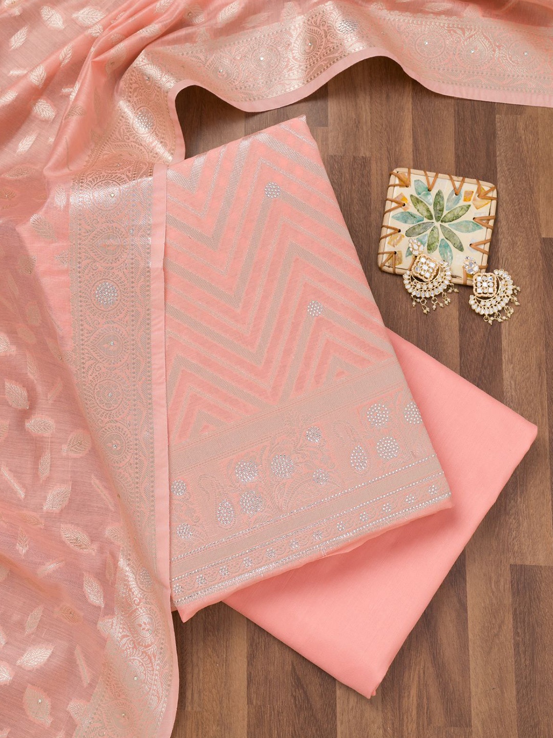 

Koskii Leheriya Woven Design Zari Unstitched Dress Material, Peach