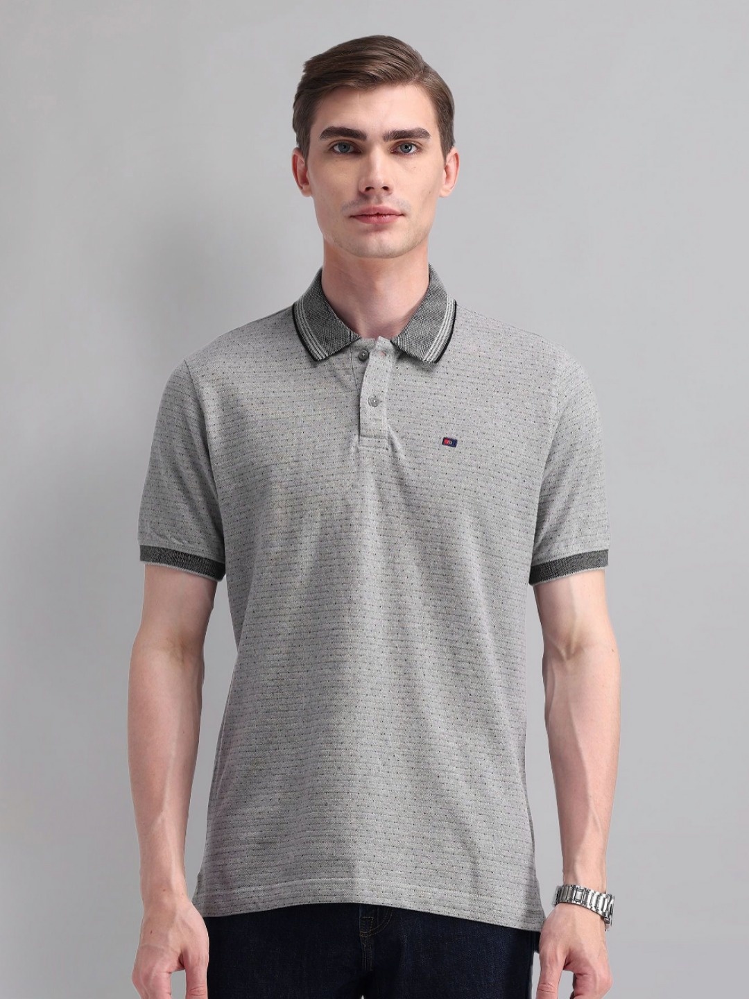 

AD By Arvind Men Self Design Polo Collar Cotton Slim Fit T-shirt, Grey