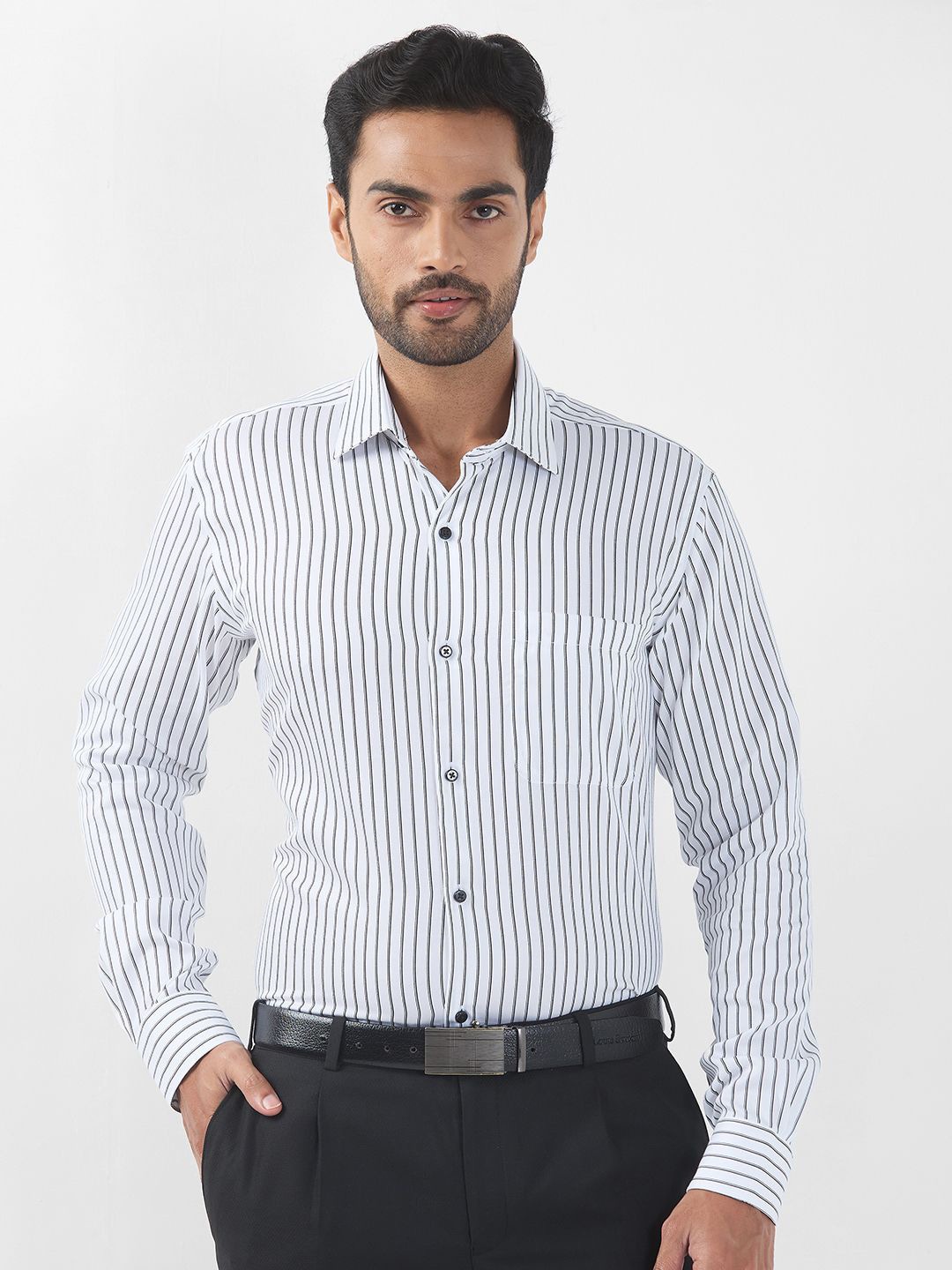 

Raymond Men Contemporary Spread Collar Multi Striped Cotton Formal Shirt, White