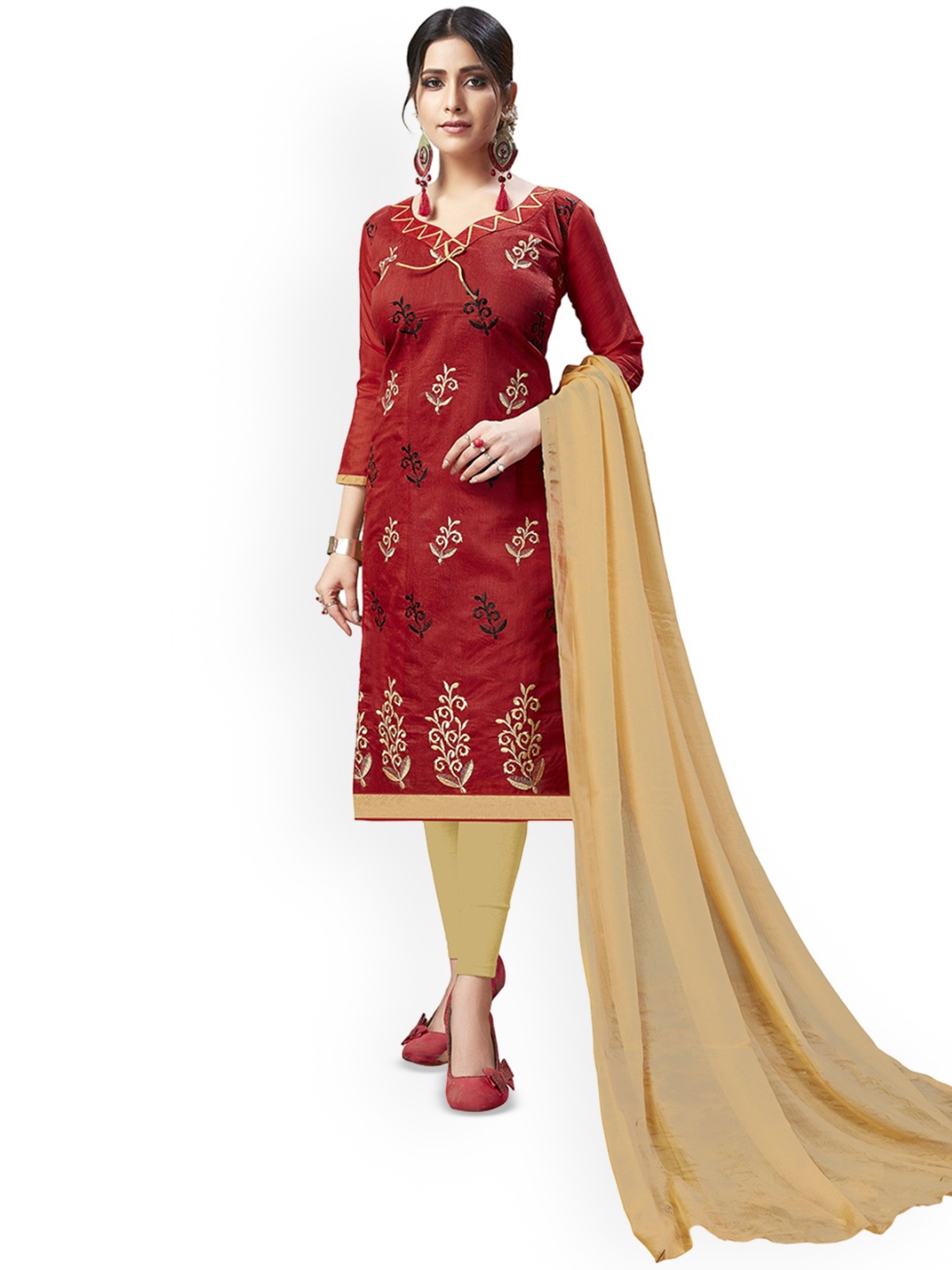 

LADY SHOPI Floral Embroidered Thread Work Chanderi Cotton Unstitched Dress Material, Maroon
