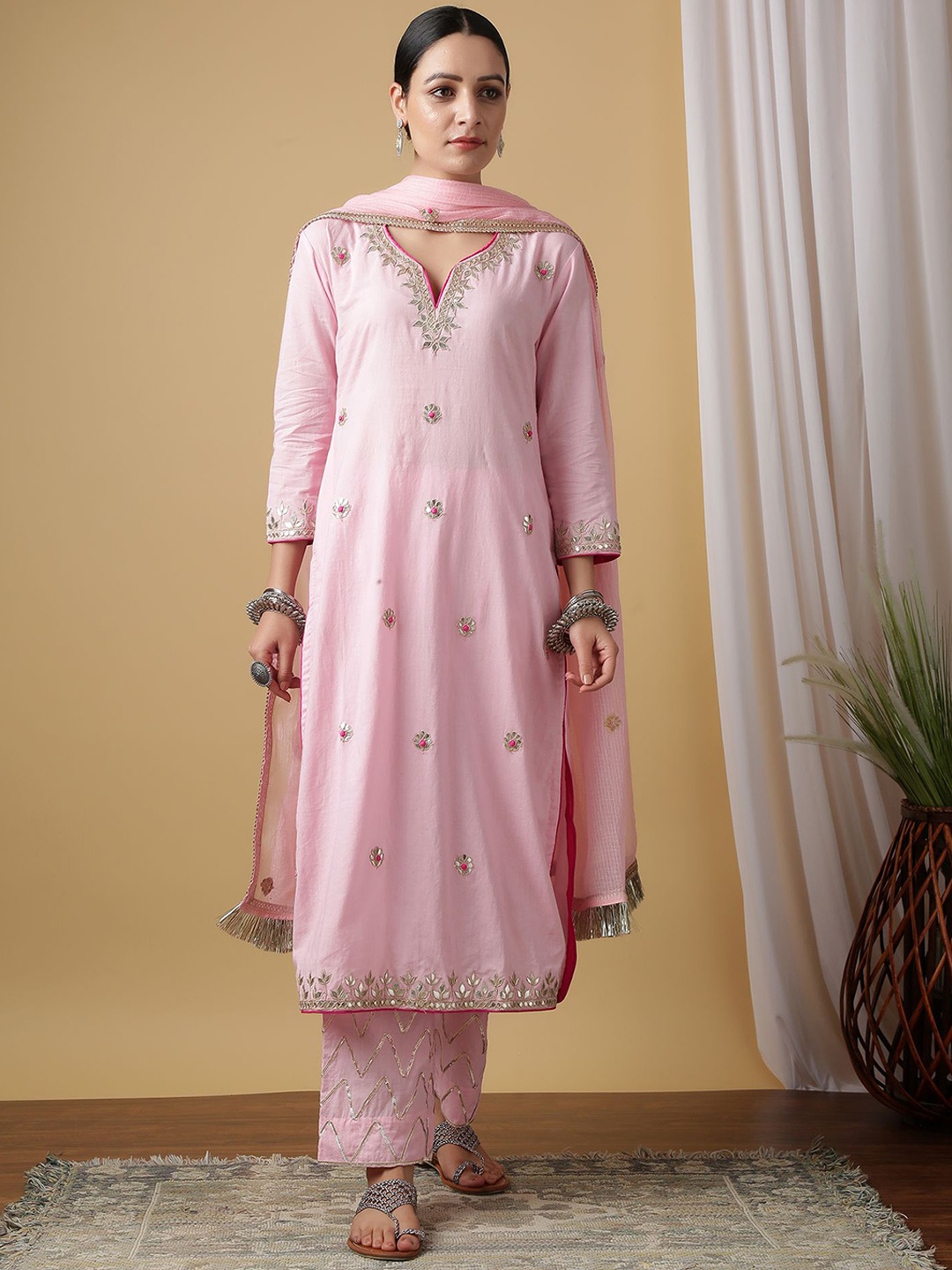 

MAISON SHEFALI Ethnic Motifs Embroidered Pure Cotton Straight Kurta With Trouser & Dupatta, Pink