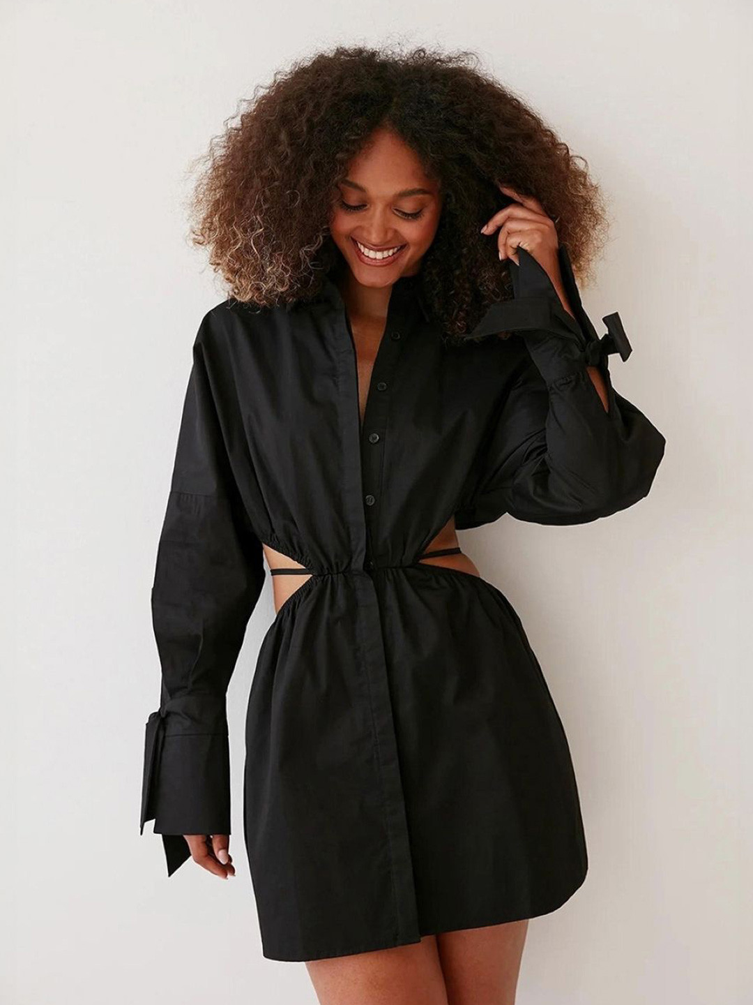 

KPOP Solid Cotton Mini Long Sleeves Sheath Dress, Black
