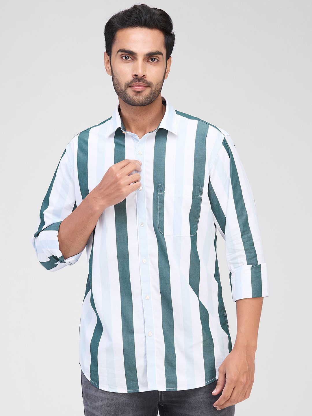 

Raymond Men Spread Collar Vertical Striped Cotton Slim Fit Casual Shirt, Green