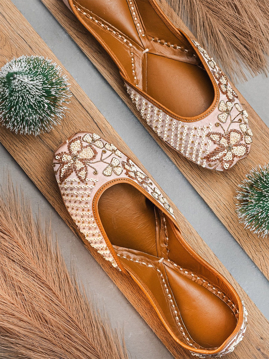 

NR By Nidhi Rathi Women Embellished Ethnic Mojaris with Embroidered Flats, Nude