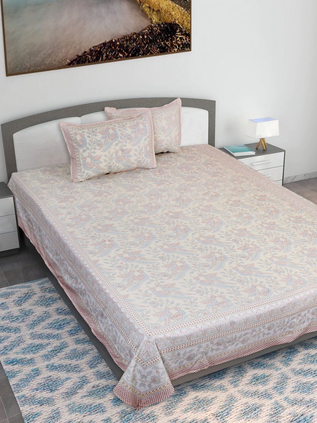 

Texstylers Biege& Brown Kantha Printed 210 TC Cotton Queen Bedsheet With 2 Pillow Covers, Beige