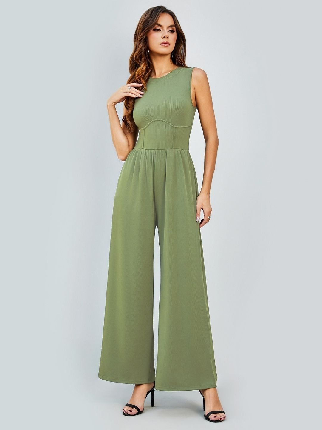 

KPOP Women Round Neck Sleeveless Basic Jumpsuit, Green