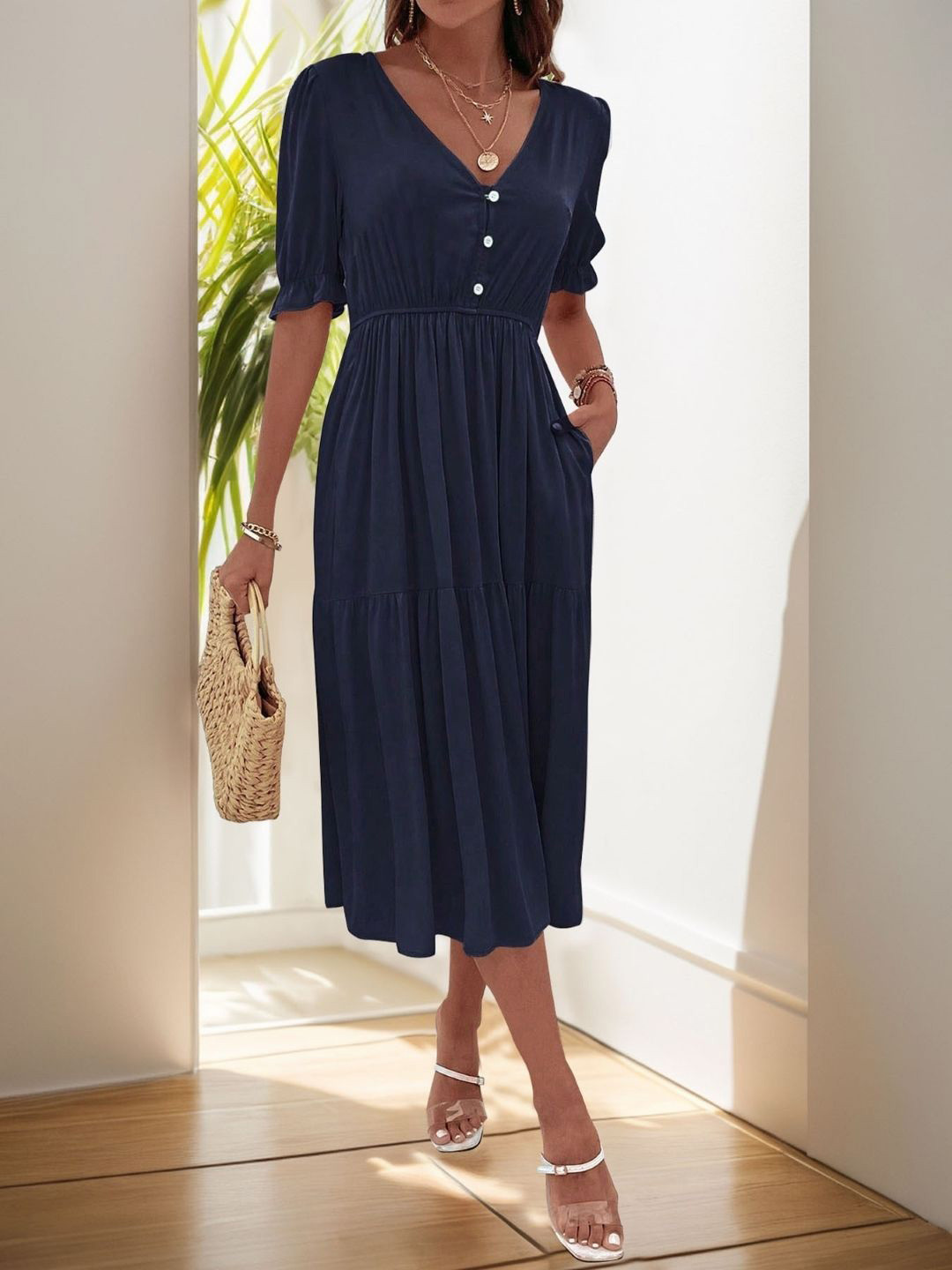 

KPOP Solid A-Line Midi Dress, Blue