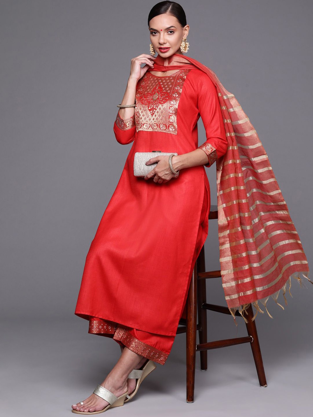 

Anouk Ethnic Motifs Yoke Design Regular Straight Kurta with Palazzos & Dupatta, Red