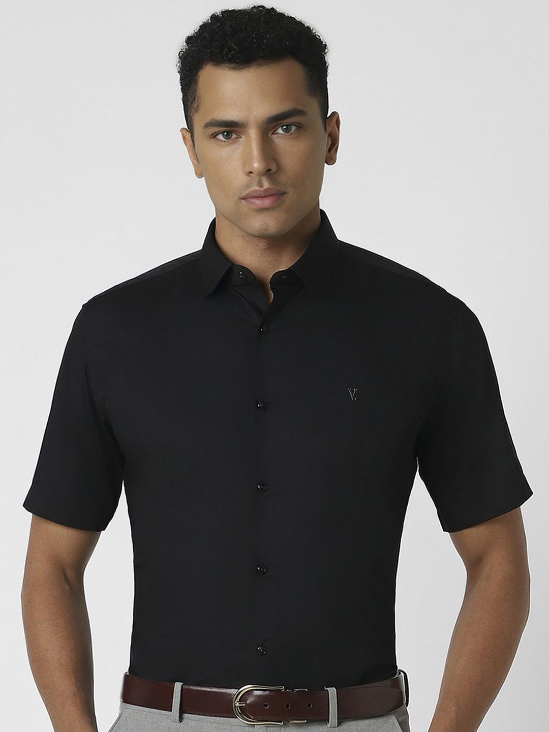

V Dot Men Spread Collar Solid Cotton Slim Fit Party Shirt, Black