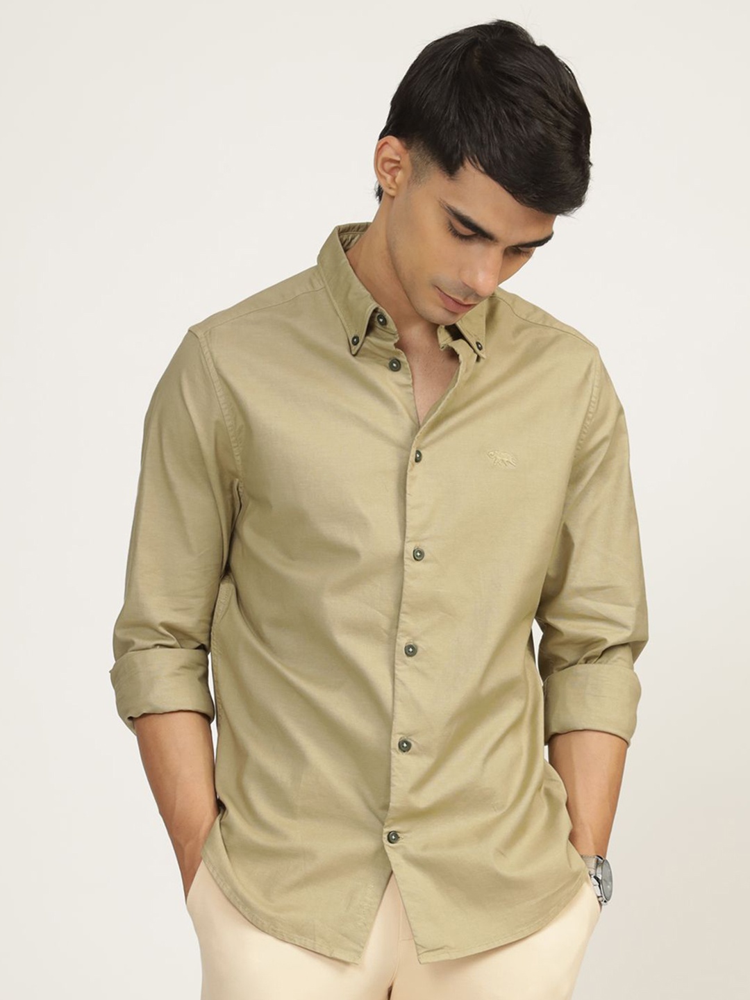 

Andamen Men Premium Button-Down Collar Solid Cotton Casual Shirt, Beige