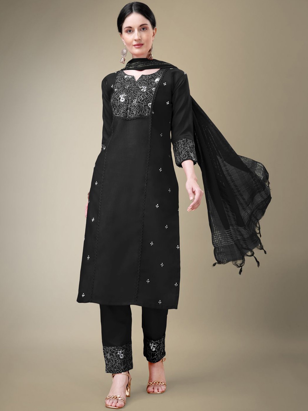

KAYOMMI Floral Embroidered Straight Kurta with Trousers & Dupatta, Black