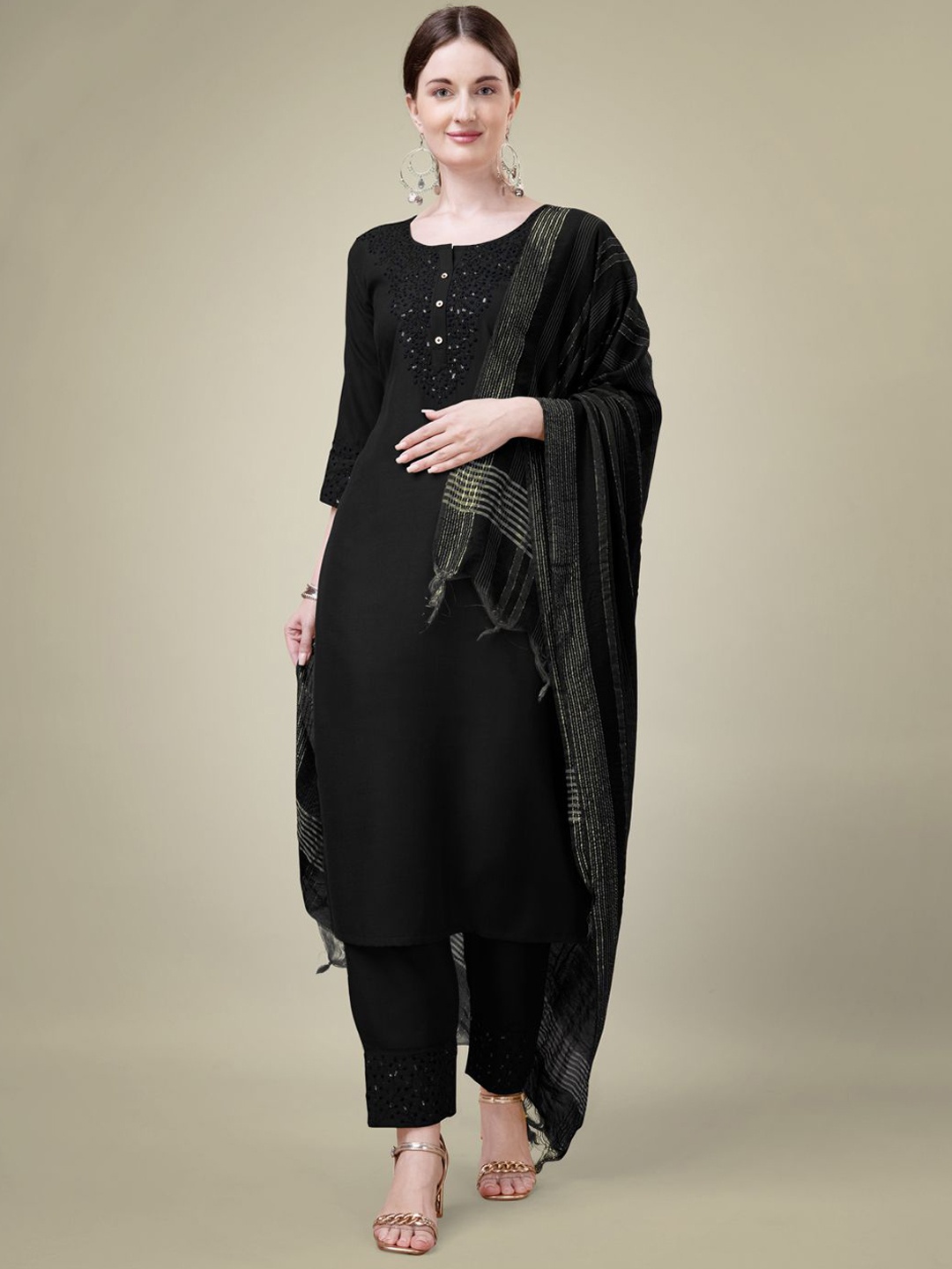 

KAYOMMI Floral Embroidered Sequinned Kurta with Trousers & Dupatta, Black