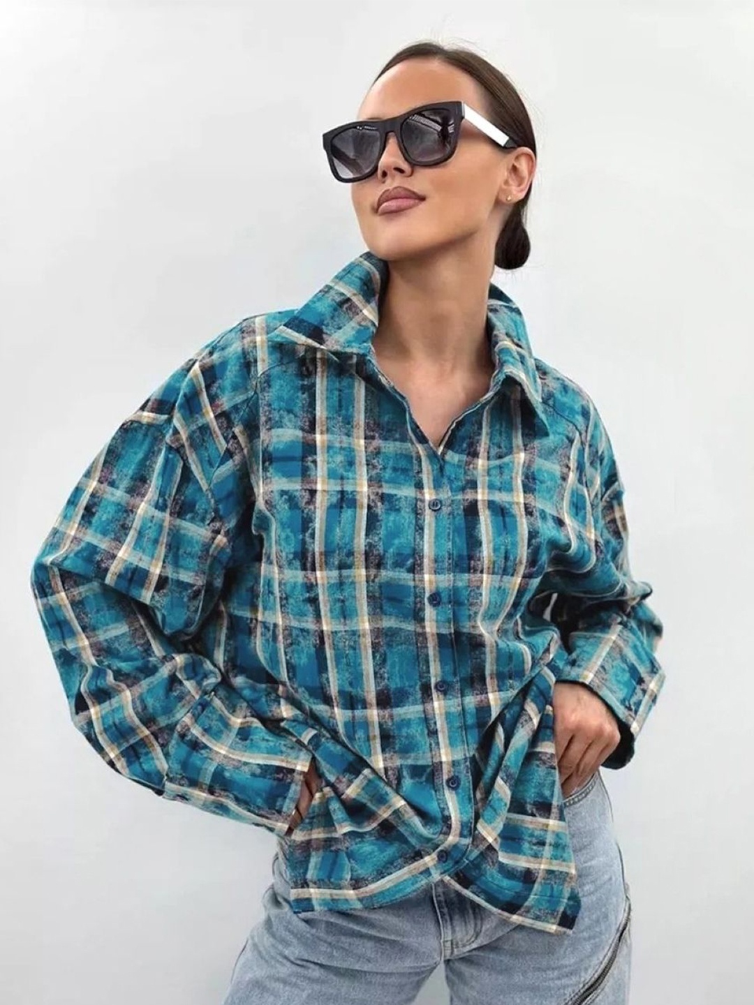 

KPOP Women Checked Shirt Collar Pure Cotton Top, Blue