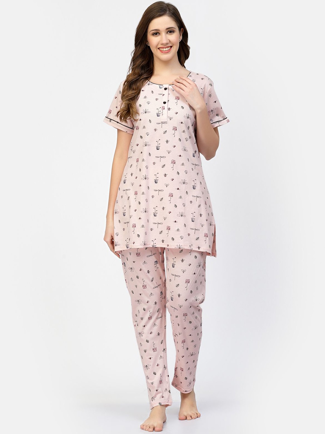 

SHYAM SONS FLAIR Women Conversational Printed Round Neck Night suit, Pink