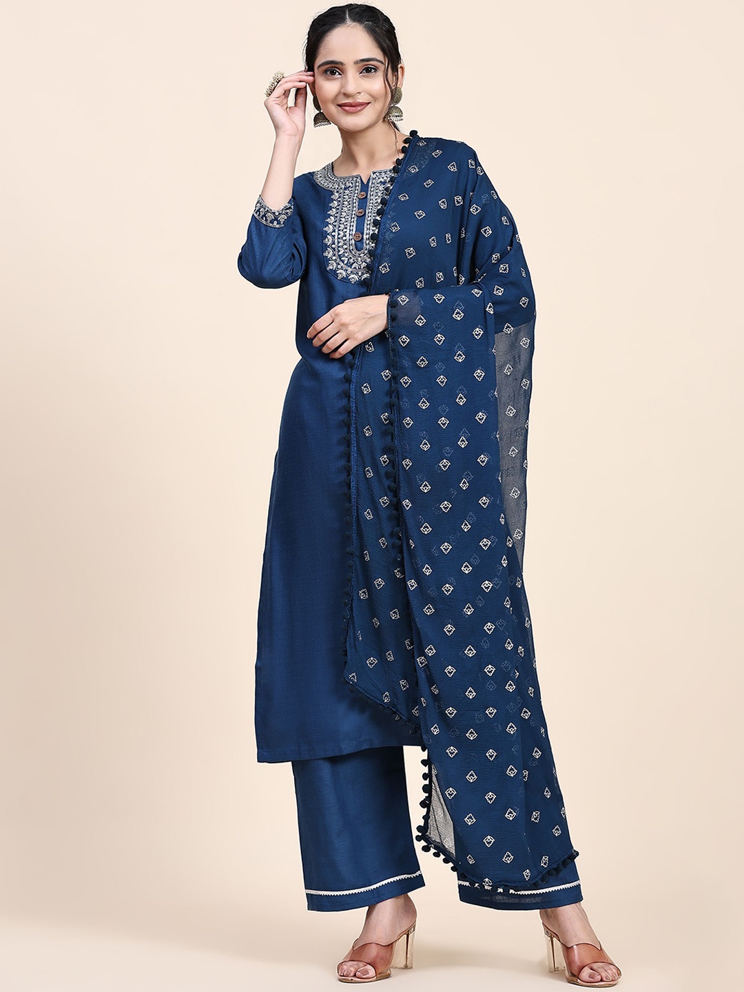 

Suha Ethnic Motifs Embroidered Straight Kurta with Palazzos & With Dupatta, Blue