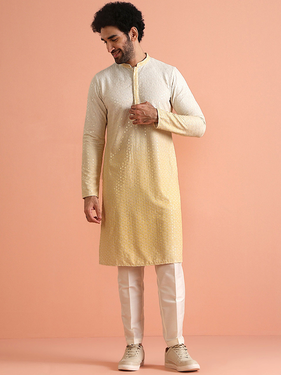 

KISAH Men Ombre Regular Fit Embroidered Kurta Trouser Set, Yellow