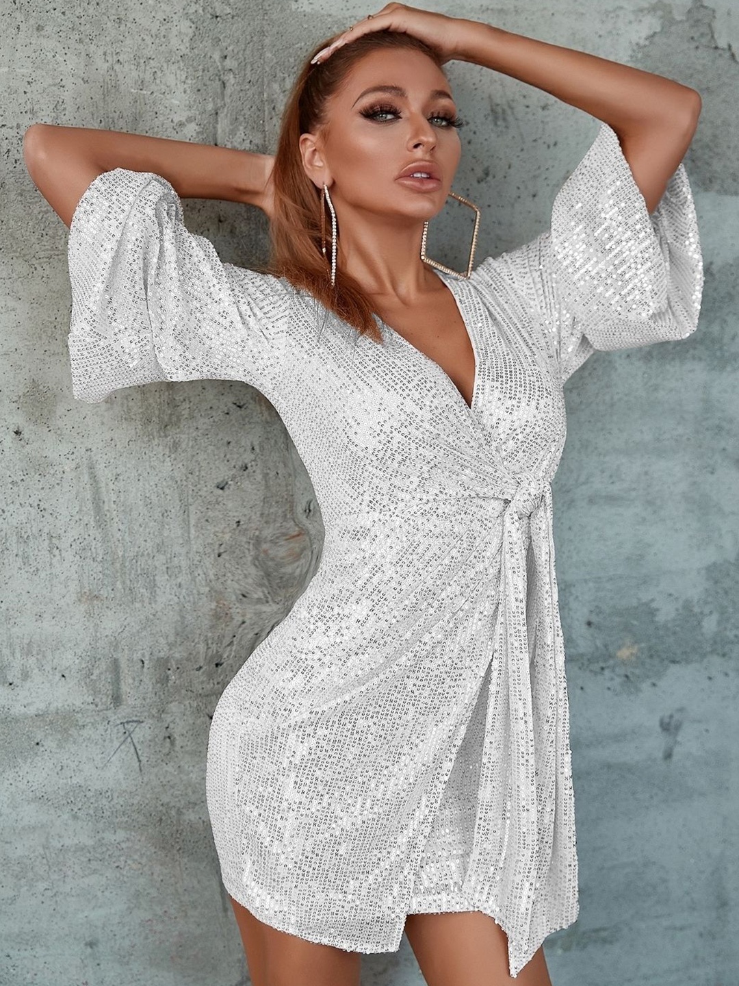 

KPOP Flared Sleeve Sequinned Wrap Dress, White
