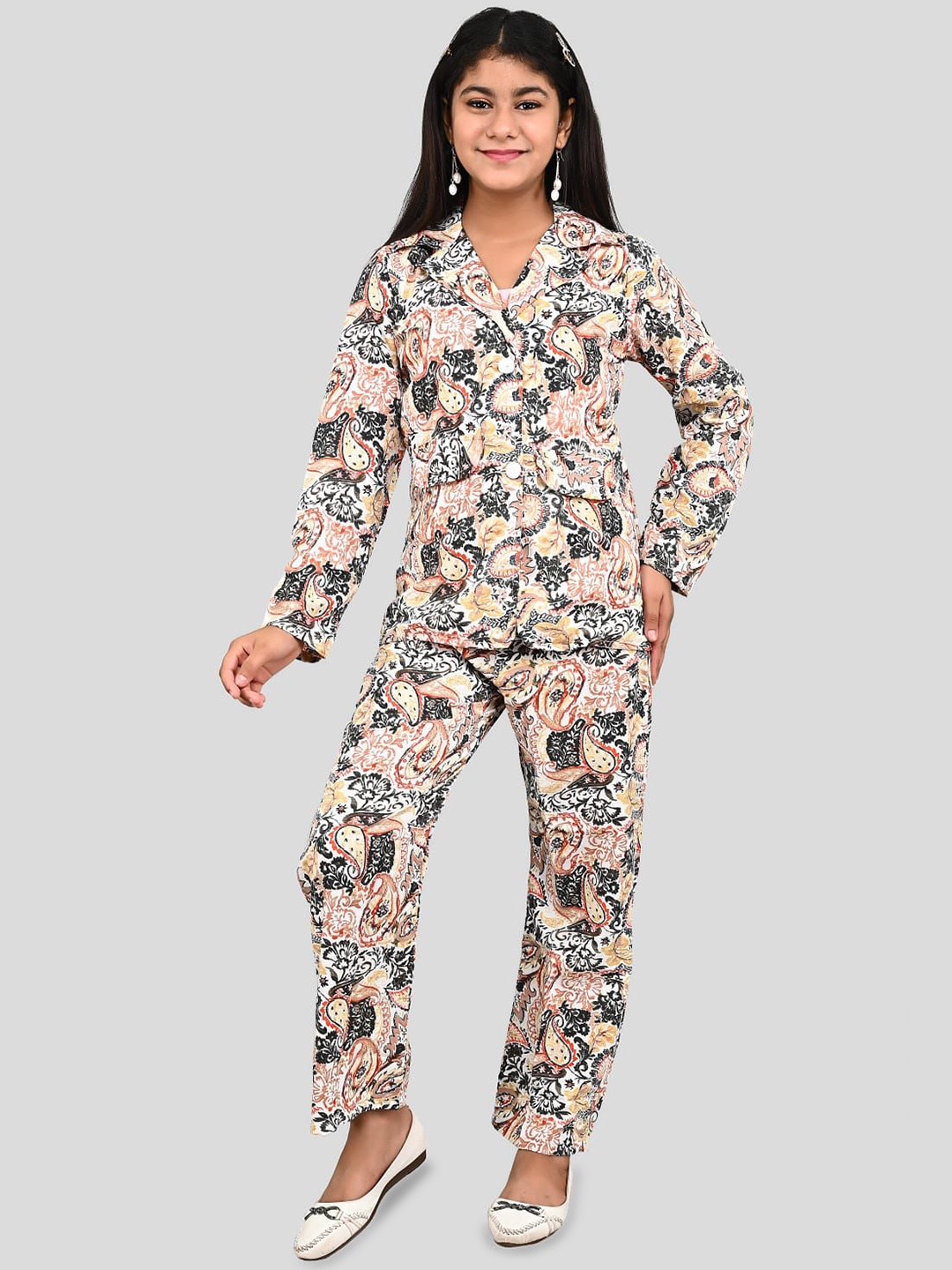 

FELLAMO Girls Floral Printed Lapel Collar Shirt & Trousers, White