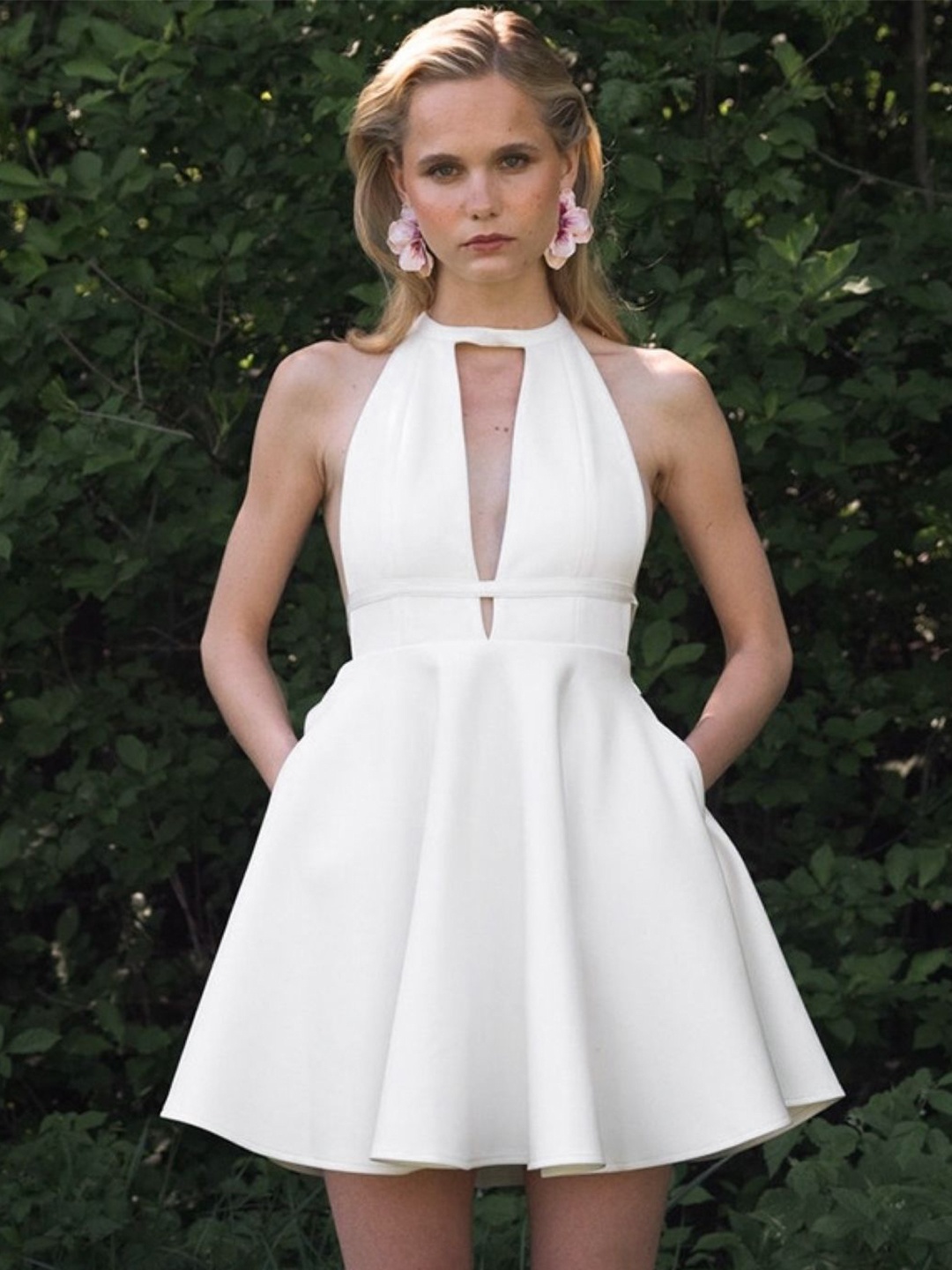 

KPOP Women Halter Neck Fit and Flare Solid Mini Dress With Cut-Outs Detail, White