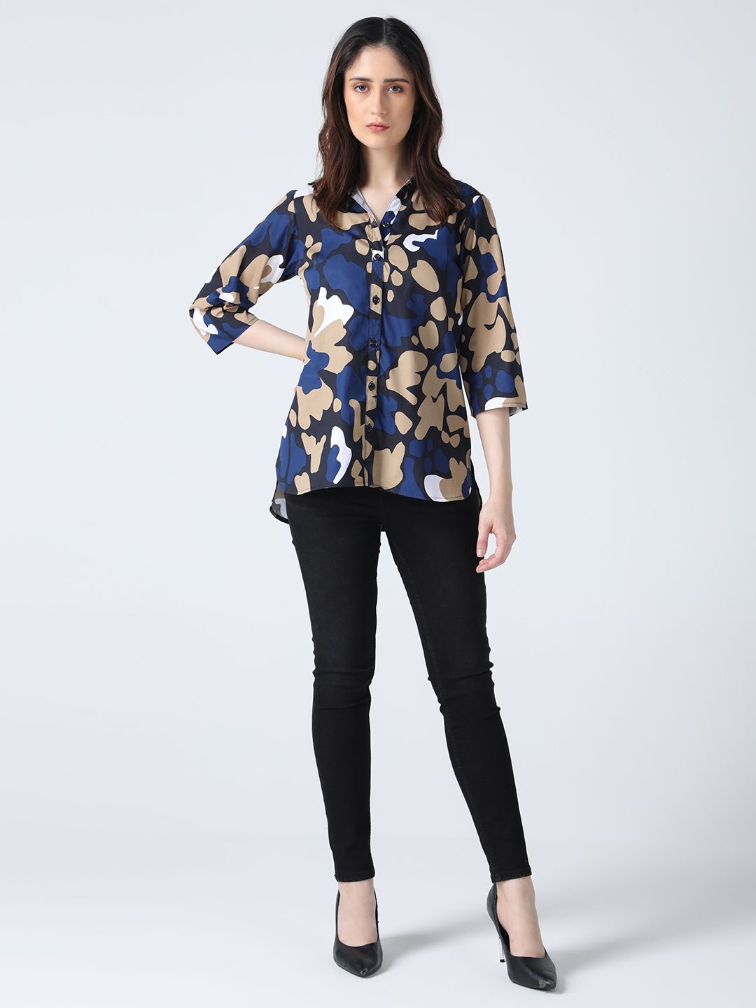 

IDK Women Floral Printed Shirt Collar Top, Blue