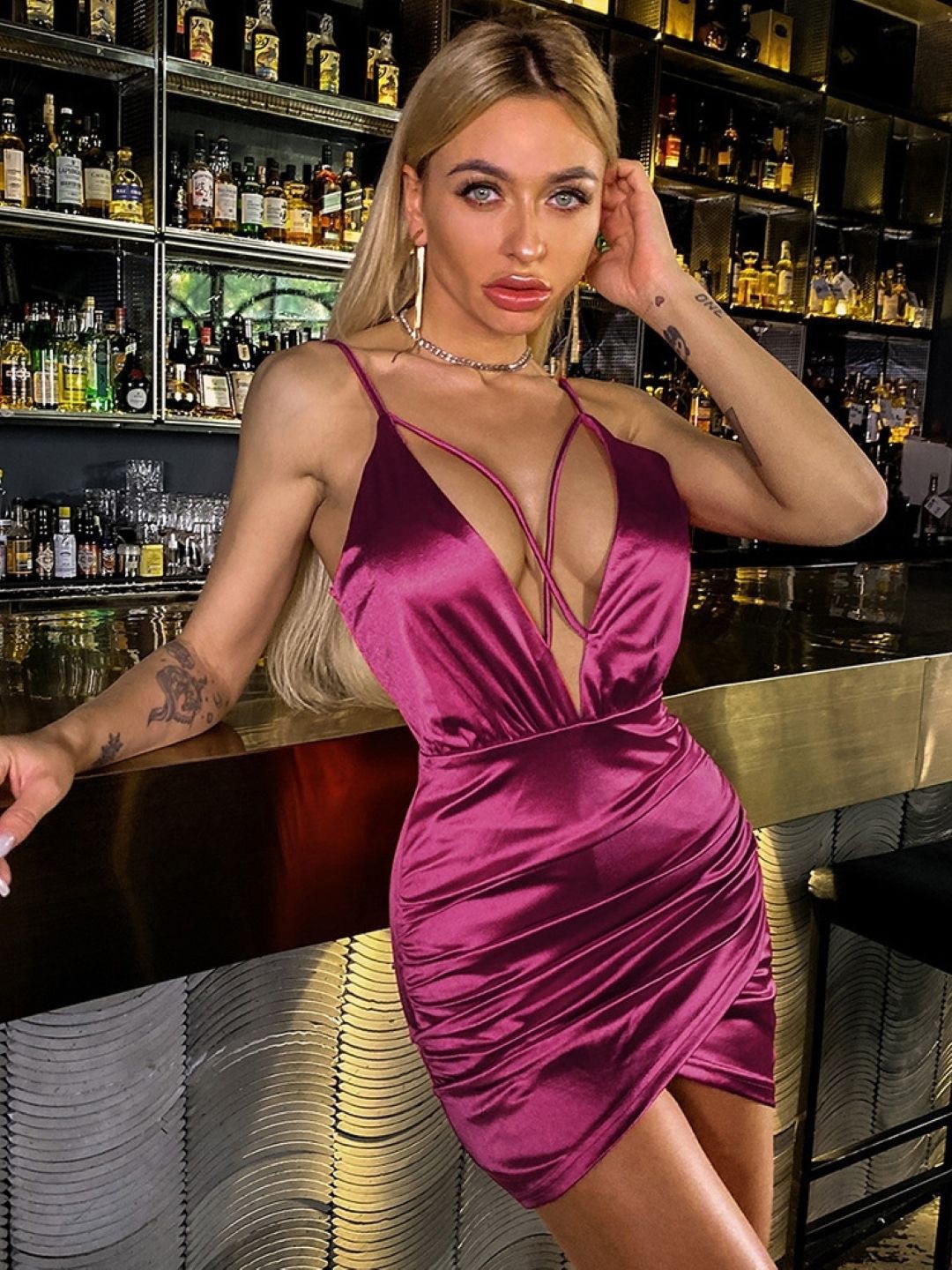 

KPOP V-Neck Solid Sleeveless Polyester Bodycon Dress, Purple